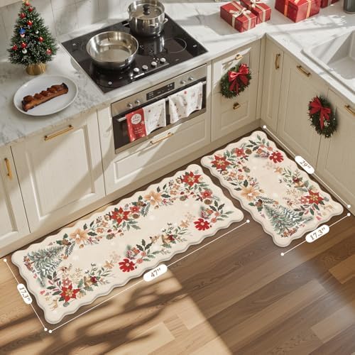 KIMODE Anti Fatigue Kitchen Mats, Christmas Decor Kitchen Floor Mats 17"x47"+17"x29", Farmhouse Tree Kitchen Rugs Sets of 2, Padded Standing Mats for Christmas Decorations Laundry Office Beige