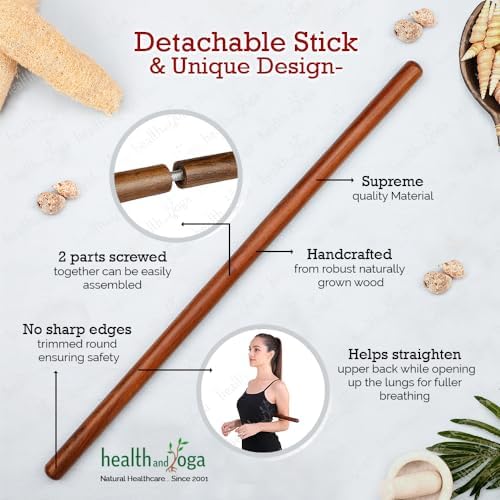 HealthAndYoga™ StretchNHeal Collapsible Multi-Use Wooden Yoga Stick - Regular and XL - Portable Posture Corrector Pole, Stretch Mobility Stick, Physical Workout Exercise Dowel