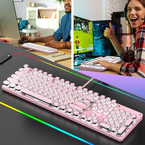 Typewriter Mechanical Gaming Keyboard with RGB Backlit Red Switches, 104 Keys Retro Round Keycap, Wired Typewriter Style Comfortable Typing Soud (Pink)