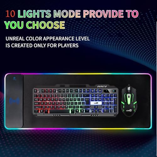 RGB Gaming Mouse Pad with Wireless Charging 15W, LED Mouse Mat 31.5 * 11.8 in, 10 Light Modes Extra Large Mousepad Non-Slip Rubber Base Computer Keyboard Mat for Gaming, MacBook, PC, Laptop, Desk