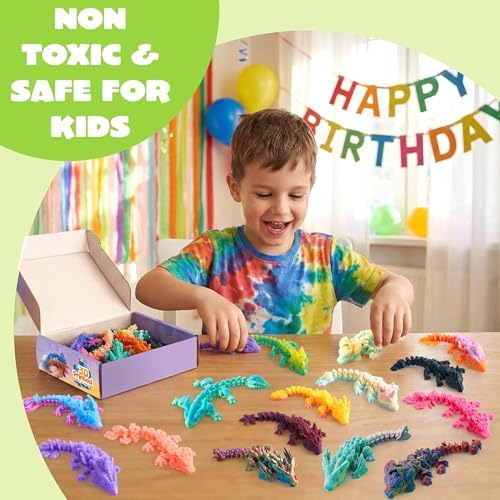 JOYIN 24 Pcs 3D Printed Articulated Mini Dragons, Flexible Crystal Dragon Fidget Toy Set, 3D Printed Animals for Party Favors, Classroom Prizes, Goodie Bag Fillers & Desk Decor