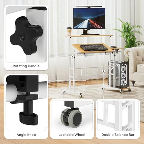 Athena Collection Rolling Standing Desk with CPU Holder, Natural