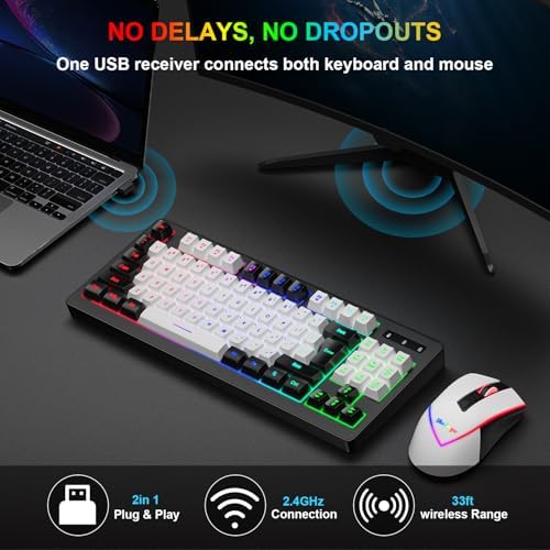 BlueFinger Wireless Gaming Keyboard and Mouse Combo, RGB Rainbow Backlit Rechargeable Battery, 87 Keys TKL Light Up Keyboard with Ergonomic Gaming Mouse for Mac Laptop Computer PC Gamer(Black & White)