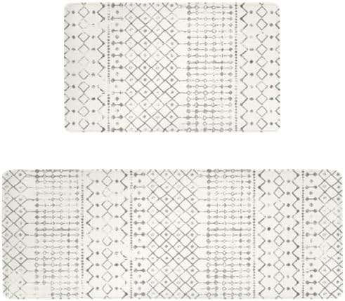 Boho Kitchen Mats for Floor 2PCs, 17.3"x47"+17.3"x30", White