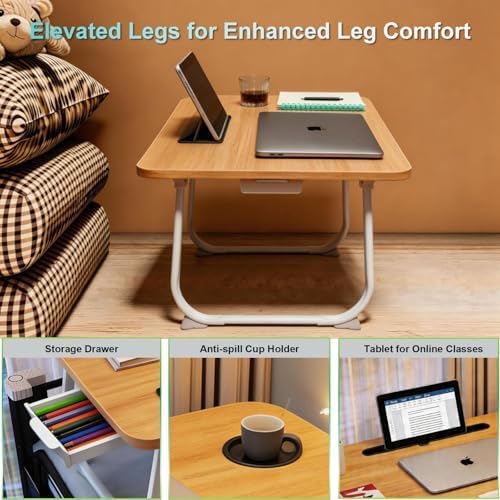 Lap Desk with Drawer, Tablet Slot, Cup Holder - Fits up to 18 Inch Laptops, Folding Bed Desk for Reading, Writing, Eating, Portable Laptop Table for Sofa, Coach, Floor (27.6", Walnut)