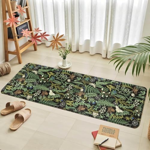 2PC Botanical Kitchen Rugs Set, Black Green, 17.3"x28" + 17.3"x59"