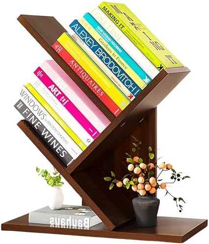 Small Bookshelf,3 Tier Wood Mini BookShelf,Tree Book shelf,Teak color
