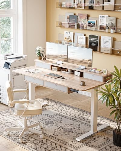 CubiCubi 60" x 30" Standing Electric Desk with Drawers, Light Rustic Brown