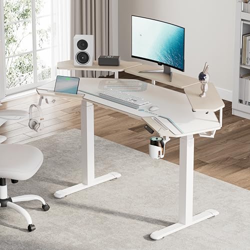 EUREKA ERGONOMIC Standing Desk,63" Electric Adjustable Height Computer Desk,Wing Shaped Music Studio Desk, LED Monitor Stands, Dual Motor&Slot, Maple