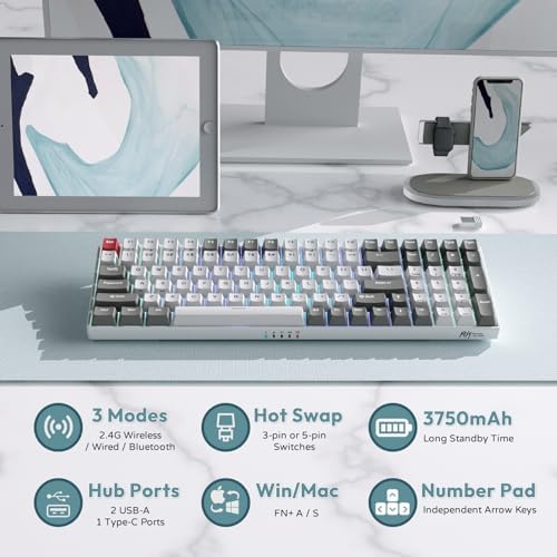RK ROYAL KLUDGE RK100 Wireless Mechanical Keyboard RGB Backlit Bluetooth5.1/2.4G/Wired 96% Full Size 100-Key Hot Swappable Gaming Keyboard Brown Switch Classic