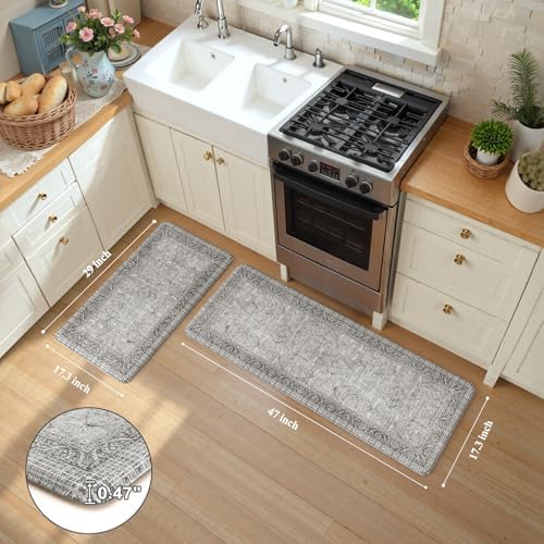 KIMODE Anti Fatigue Kitchen Mat 2PCS,Waterproof Farmhouse Kitchen Rugs Grey