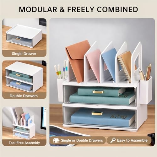 CiWiVOKi Desk Organizer with 4 File Slots and 2 Drawers, White