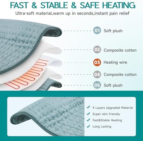 Heating Pad for Period Cramps, Heating Pad for Back/Neck/Shoulder Muscle Pain, 6 Heating&4 Timer Setting, Auto Shut Off, Dry/Moist Heat & Machine Washable, Gray Birthday Christma s Gifts for Women Mom