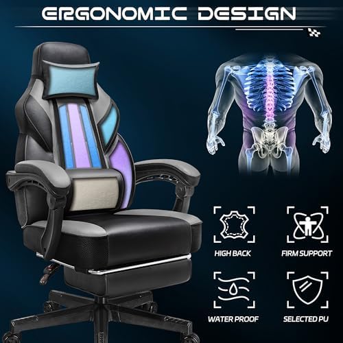 Gaming Chair for Adults, Grey Video Game Chair with Footrest, Big and Tall Gaming Chair Heavy Duty Computer Chair with Massage Lumbar, Ergonomic Adjustable Height and 360° Swivel, PU Leather, Grey