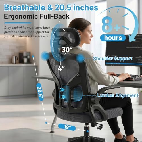 Office Chair Ergonomic Desk Chair with Adjustable Headrest Lumbar Support, High Back Breathable Mesh Chair with 120° Tilt & Flip-Up Armrests, Swivel Comfy Task Computer Chair for Work, Study