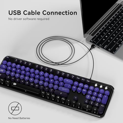 FOPETT 8870P Wired Keyboard and Mouse Combo - Full-Sized Computer Keyboards with 104 Round Keys Retro Typewriter Mouse and Keyboard for PC Windows Desktop Laptop - Purple Colorful