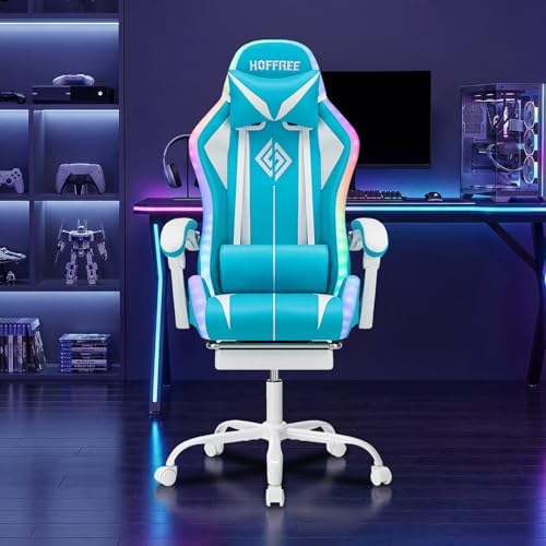 HOFFREE LED Gaming Chair with Massage RGB Lights Computer Chairs-Sky Blue