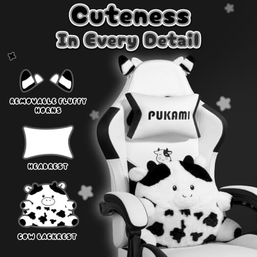 PUKAMI Gaming Chair with Cat Ears,Cute Computer Chair for Girl with Footrest,Ergonomic Gamer Chair, Kawaii Gaming Chair, Game Chair (Black and White)