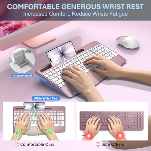 Rechargeable Silent Wireless Keyboard and Mouse Combo, Ergonomic Wrist Rest & Phone Tablet Holder, USB-C Adapter Included, 2.4G Lag-Free Cordless Set for Windows Mac Laptop PC Home Office (Rose Gold)