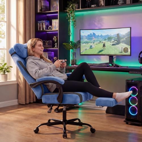 SUKIDA Fabric Video Gaming Chair, Ergonomic High-Back Computer Game Chairs with Large Massage Adjustable Lumbar Support, Headrest and Linked Armrests for Long Hours Sitting Task Chair, Black Blue
