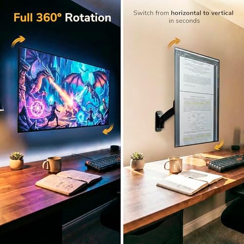 Mount-It! Monitor Wall Mount Arm, Full-Motion Gas Spring, Fits 13–32″ Screens up to 14.3 lbs, VESA 75x75 & 100x100, Tilt Swivel Rotate, Single-Stud Wall Mounted Computer Monitor Arm, RV Compatible