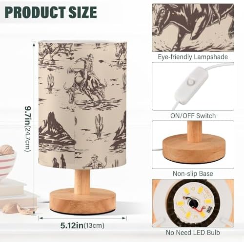 Bedside Lamp West Cactus Cowboy Table Lamp for Bedroom LED Nightstand Lamp Shade USB Ports Wood Base for Living Room Dorm Office