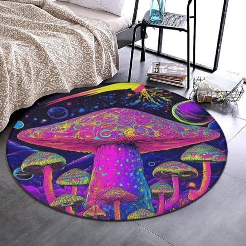 Machine Washable Modern Round Area Rug, Room Sofa Yoga Soft Round Carpet, Home Decor Non Slip Kitchen Office Circle Rug Trippy Purple Mushrooms, 36inch