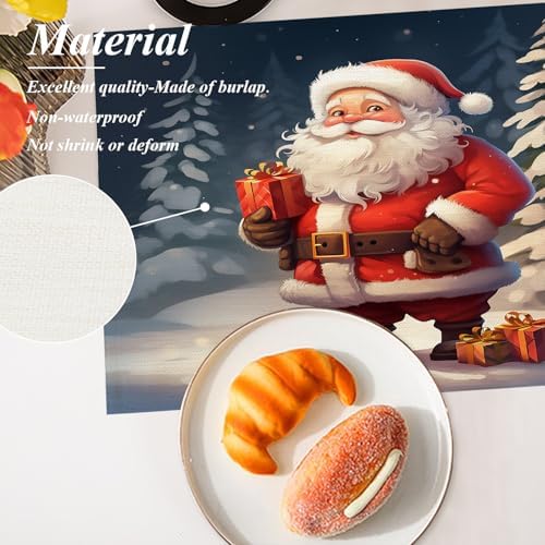 Shrahala Christmas New Year Set Of 4 12 X 18 Inch Linen Placemats , Santa Claus Snow Presents Christmas Trees Burlap Table Mat Washable Double Layered Heat Insulation For Indoor/Outdoor