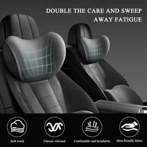 2 PCS Car Headrest Cushion, Ergonomic Memory Foam Car Neck Back Support w/Removable Cover, Universal Breathable Lumbar Cushion Headrest Pillow with Adjusatble Strap (Gray)