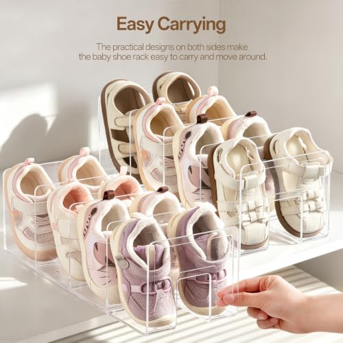 HBlife Widened 3.94 Inch Clear Acrylic Kids Shoe Rack for Closet Organizers and Storage, Small Shoe Rack 4 Sections Toddler Baby Shoe Storage Organizer Shelf, Desk File Book Purse Organizer (4 Pack)