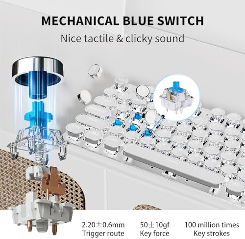 Wireless Typewriter Style Mechanical Keyboard with White Backlit, White