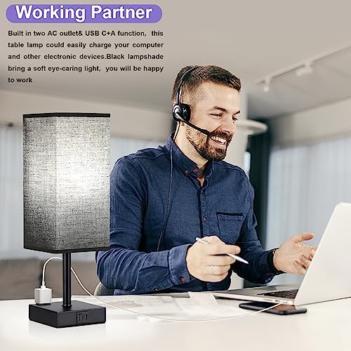 Black Bedside Table Lamp for Bedroom - Dimmable Touch, USB C+A, AC Outlet