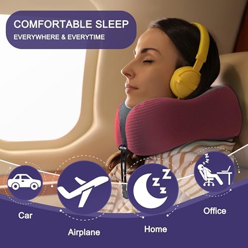 napfun Neck Pillow for Travel, Memory Foam Airplane Pillow, Burgundy