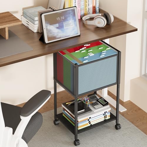 Sbanmao Letter/Legal Rolling File Cart, Narrow Mobile File Cabinet with Wheels Hanging Files, Metal Hanging File Folder Cart File Organizer Under Desk Storage for Home Office, Black