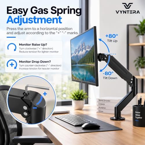 Single Monitor Arm Table Mount, Gas Spring Monitor Stand for 17–35" Monitors, 24.25 lbs Heavy Duty Monitor Mount, Full Motion ±80° Tilt & 360° Rotation, VESA 75x75 & 100x100, Clamp & Grommet