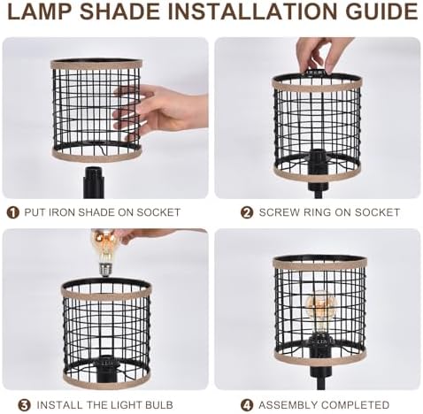 Black Industrial Metal Mesh Table Lamp, 20" Tall Farmhouse Bedside Lamp with Burlap Trim, 5ft Brown Cord & Rotary Switch, E26 Bakelite Socket for Bedroom Living Room