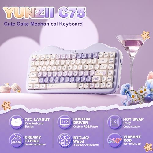 YUNZII C75 Cute 75% Wireless Mechanical Keyboard (Purple, Milk V2 Switch)