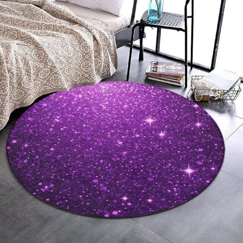Room Sofa Yoga Soft Round Carpet, Home Decor Non Slip Kitchen Office Circle Rug, Machine Washable Modern Round Area Rug Beautiful Dark Purple Shining Glitter Sparkles Pattern