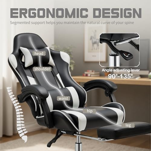 NEWBULIG Gaming Chair with Footrest – Ergonomic High-Back with Lumbar & Headrest Support, Comfy PU Leather Recliner with Linkage Armrests, Adjustable Height, 360° Swivel, White