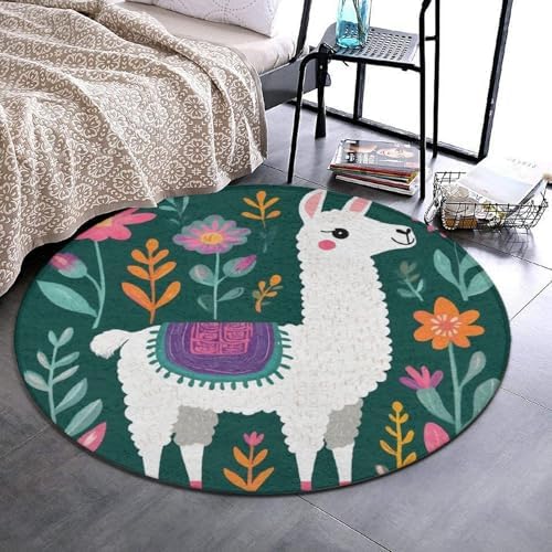 Fashion Round Area Rug Large Non Slip Carpet Unisex Home Decor Mat Alpaca Botanical Boho Bohemia Llama