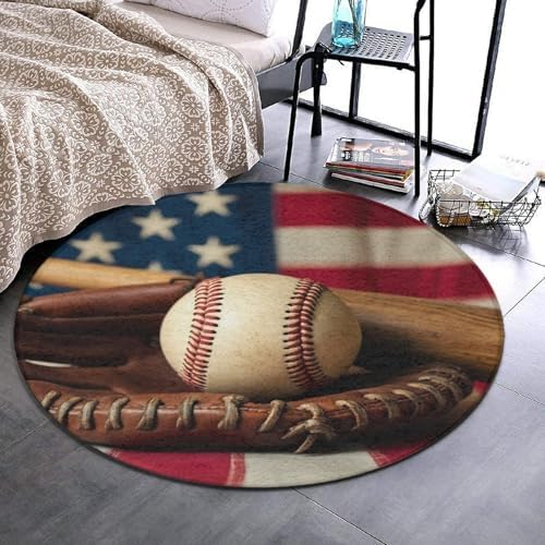 Fashion Round Area Rug Large Non Slip Carpet, Retro Baseball American Flag Unisex Home Decor Mat