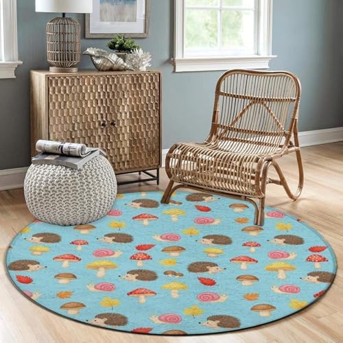 Machine Washable Modern Round Area Rug, Room Sofa Yoga Soft Round Carpet, Home Decor Non Slip Kitchen Office Circle Rug Mushrooms Hedgehogs Snail