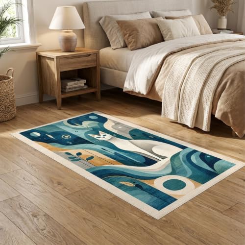 5'x7' Teal Blue Cat Boho Abstract Design Washable Area Rug