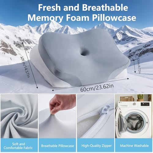 Cervical Neck Pillow for Pain Relief Memory Foam Pillow with Cooling Removable Cover Side/Back/Stomach Sleeper Pillow for Adults Ergonomic Horn Design Support Neck & Shoulder 23.6in*14.5in*4.7/5.1in