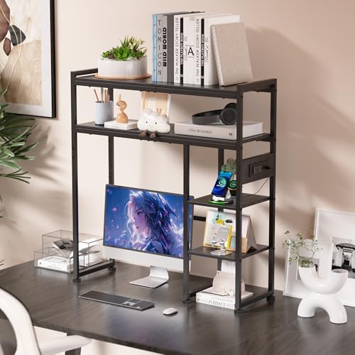 Aetheris Desktop Organizer Shelf, 30" Wooden Office Storage Rack with Outlets, Display Shelf Rack with Light Strip, 5 Tier Desktop Display Rac, Desk Shelf, Desk Hutch for Computer Monitor (Black)