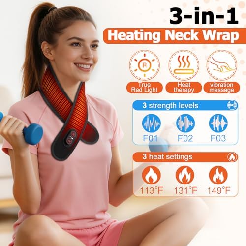 Neck Heating Pad for Pain - Heated Neck Wrap with Electric Massager, Cordless Heating Pad for Neck with 660nm & 850nm Red Light, Heated Neck Brace, 3000mAh, 3 Levels Heat & Massage