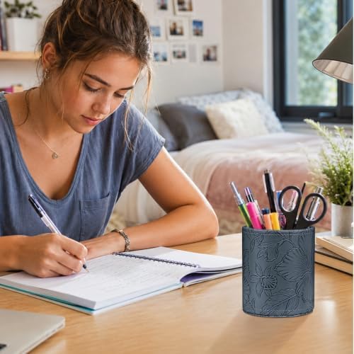 Round Leather Pen Holder for Desk, Desktop Organizer,(Navy Blue)
