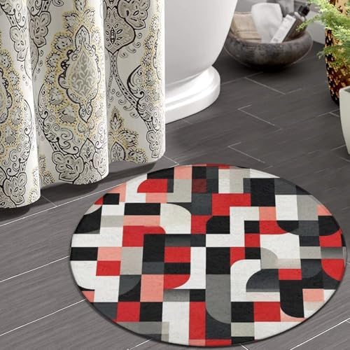 Large Home Decor Mat, Soft Round Yoga Carpet, Non Slip Machine Washable Kitchen Office Circle Rug Red Black Grey White Art