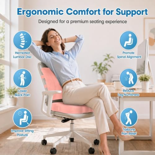 CloudBliss Ergonomic Seat Cushion & Lumbar Support Pillow Set, Pink, Large