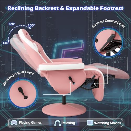 POWERSTONE Gaming Recliner, Adjustable Massage Gaming Chair with Cup Holder Footrest Ergonomic Single Sofa Living Room Home Theater Seating with Side Pouch (Pink)